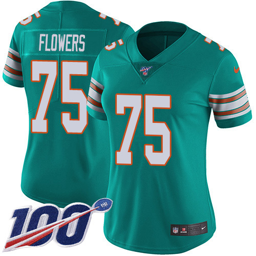 Nike Miami Dolphins 75 Ereck Flowers Aqua Green Alternate Women Stitched NFL 100th Season Vapor Untouchable Limited Jersey